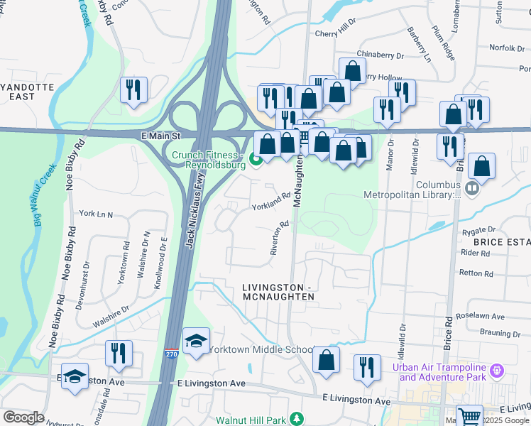 map of restaurants, bars, coffee shops, grocery stores, and more near 1328 Yorkland Road in Columbus