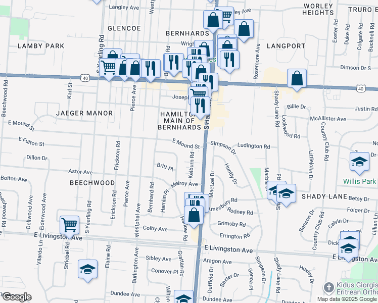 map of restaurants, bars, coffee shops, grocery stores, and more near 1162 Kelburn Road in Columbus
