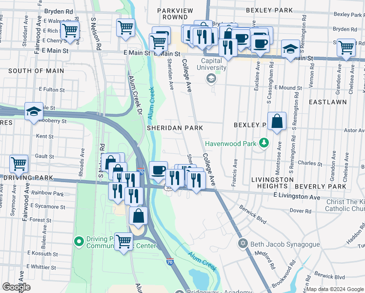 map of restaurants, bars, coffee shops, grocery stores, and more near 862 Sheridan Avenue in Columbus