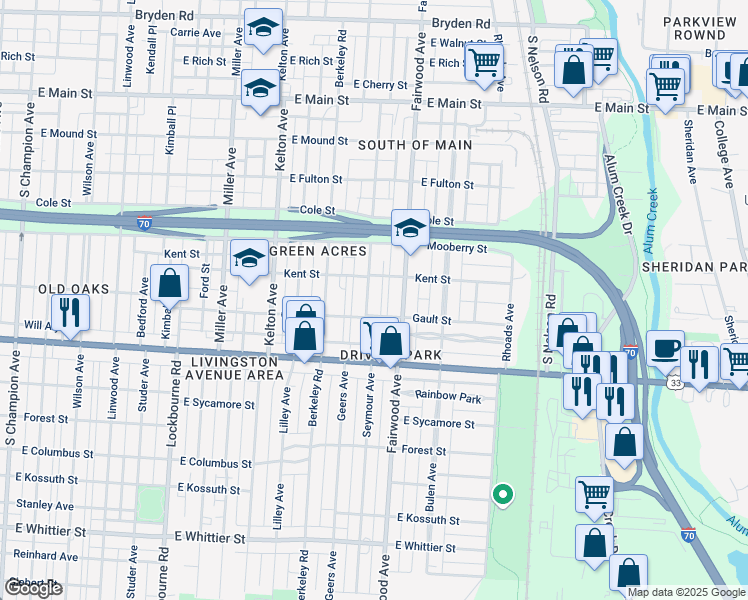 map of restaurants, bars, coffee shops, grocery stores, and more near 780 Seymour Avenue in Columbus