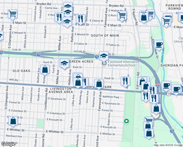 map of restaurants, bars, coffee shops, grocery stores, and more near 1574 Gault Street in Columbus