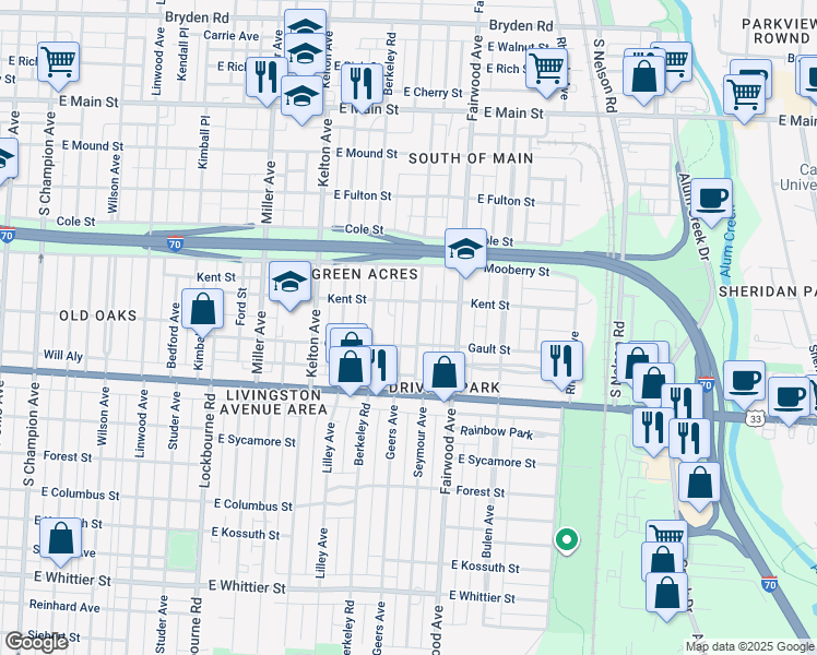 map of restaurants, bars, coffee shops, grocery stores, and more near 1574 Gault Street in Columbus