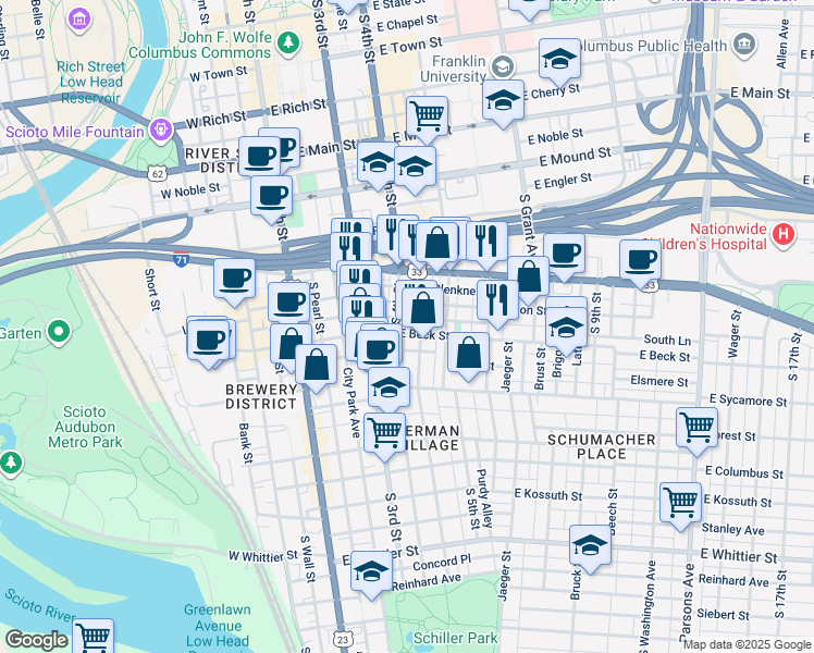 map of restaurants, bars, coffee shops, grocery stores, and more near 180 East Beck Street in Columbus