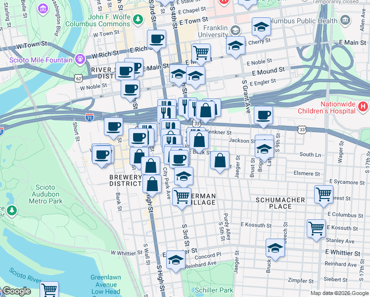 map of restaurants, bars, coffee shops, grocery stores, and more near 122 East Beck Street in Columbus