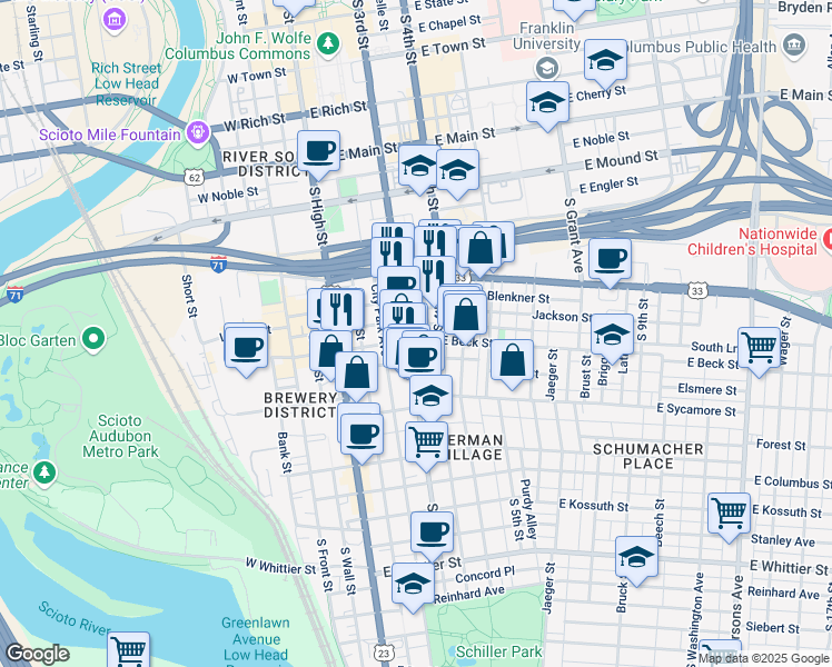 map of restaurants, bars, coffee shops, grocery stores, and more near 122 East Beck Street in Columbus