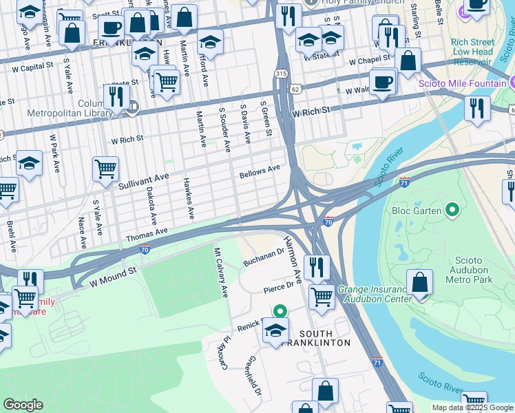 map of restaurants, bars, coffee shops, grocery stores, and more near 806 Thomas Avenue in Columbus