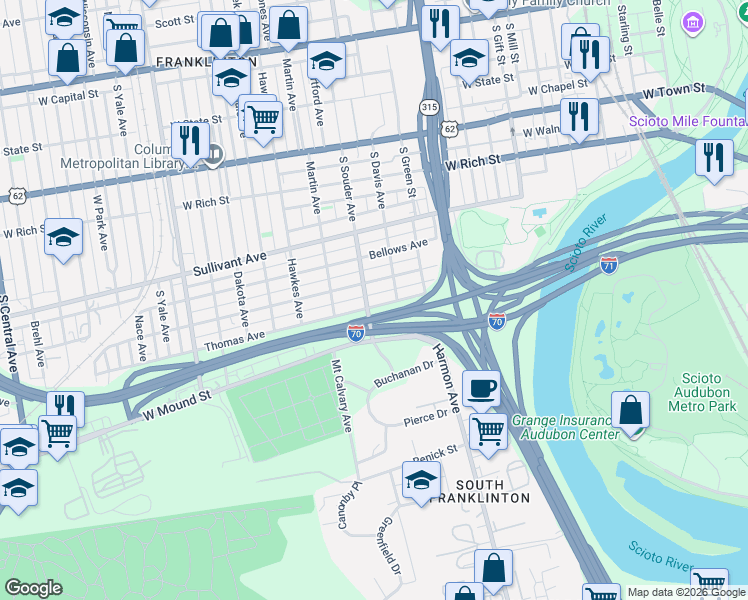 map of restaurants, bars, coffee shops, grocery stores, and more near 806 Thomas Avenue in Columbus
