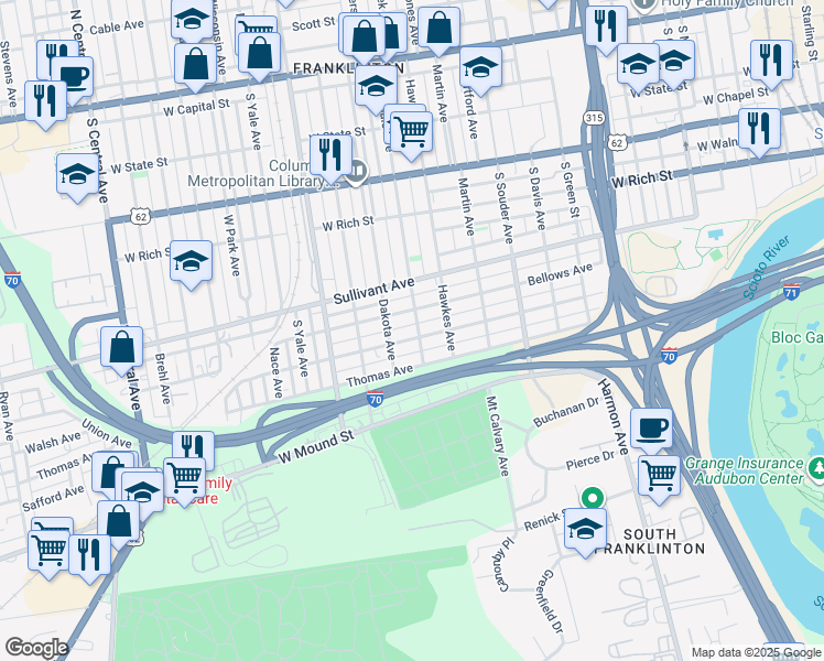 map of restaurants, bars, coffee shops, grocery stores, and more near 970 Campbell Avenue in Columbus