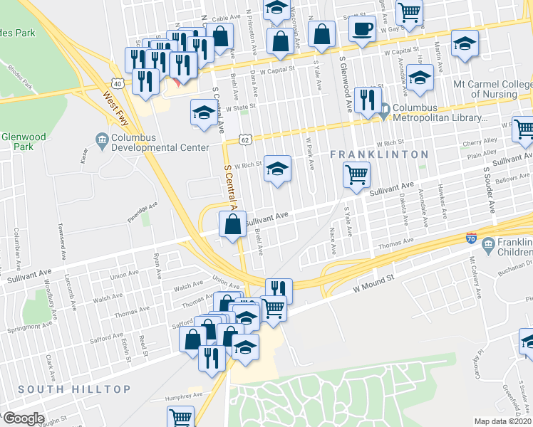 map of restaurants, bars, coffee shops, grocery stores, and more near 1356 Sullivant Avenue in Columbus