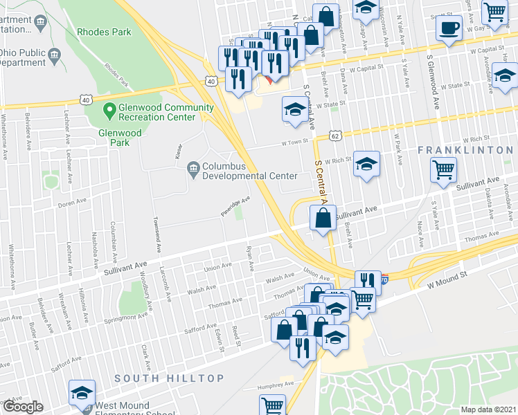 map of restaurants, bars, coffee shops, grocery stores, and more near 320 Ryan Avenue in Columbus