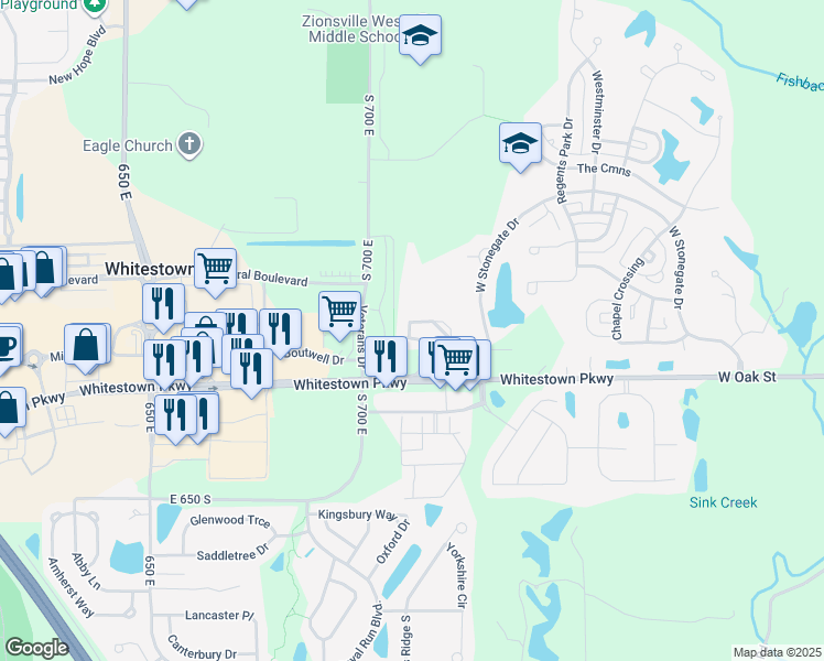 map of restaurants, bars, coffee shops, grocery stores, and more near 7104 Westhaven Circle in Zionsville