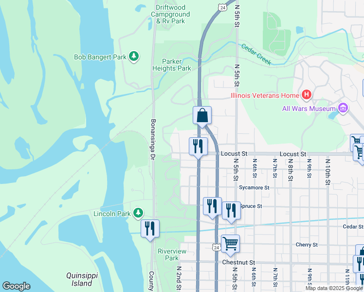 map of restaurants, bars, coffee shops, grocery stores, and more near 1616 N 2nd St in Quincy