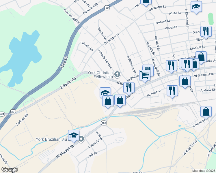 map of restaurants, bars, coffee shops, grocery stores, and more near 300 East Berlin Road in York