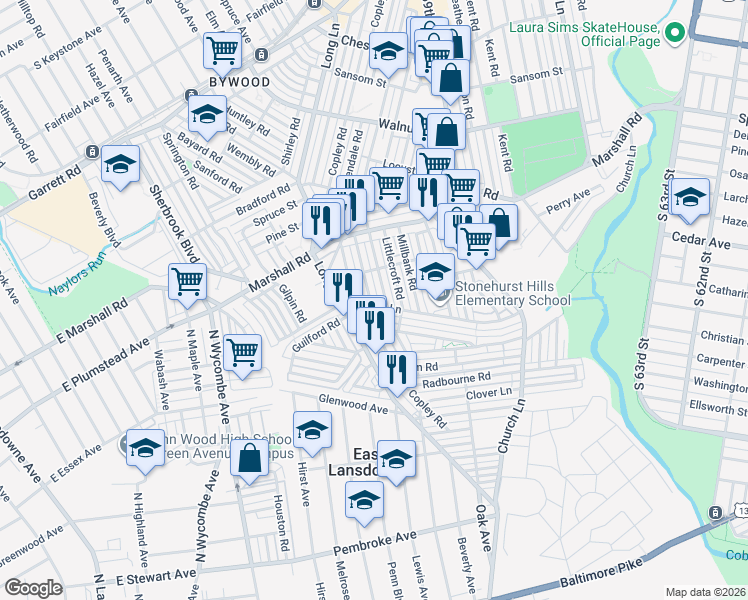 map of restaurants, bars, coffee shops, grocery stores, and more near 541 Glendale Road in Delaware County