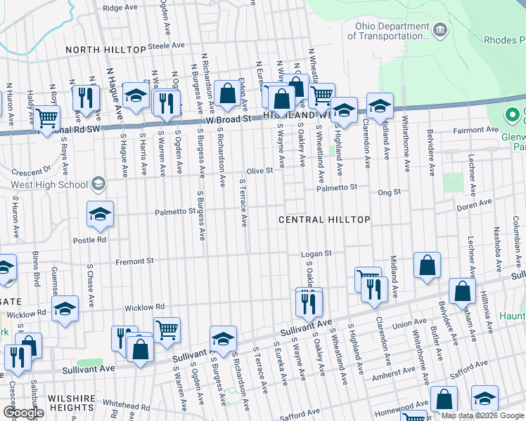map of restaurants, bars, coffee shops, grocery stores, and more near 207 South Eureka Avenue in Columbus