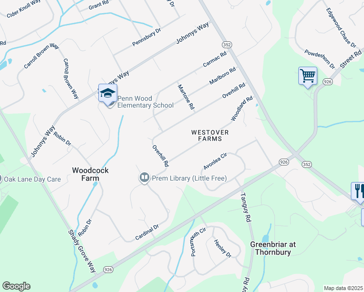 map of restaurants, bars, coffee shops, grocery stores, and more near 1509 Woodland Road in West Chester