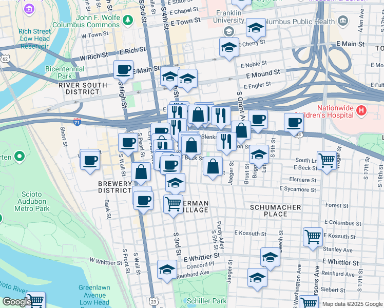 map of restaurants, bars, coffee shops, grocery stores, and more near 180 East Beck Street in Columbus
