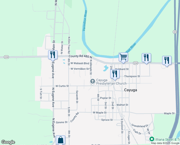map of restaurants, bars, coffee shops, grocery stores, and more near 237 North Albright Street in Cayuga