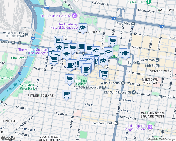 map of restaurants, bars, coffee shops, grocery stores, and more near 124 South 18th Street in Philadelphia