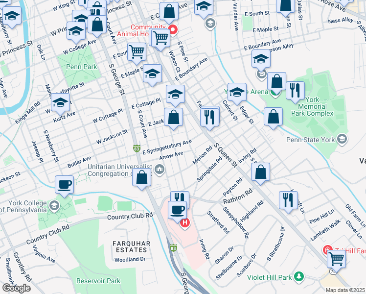 map of restaurants, bars, coffee shops, grocery stores, and more near 144 East Springettsbury Avenue in York