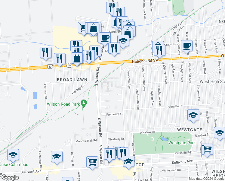 map of restaurants, bars, coffee shops, grocery stores, and more near 3474 Derrer Hollow Way in Columbus