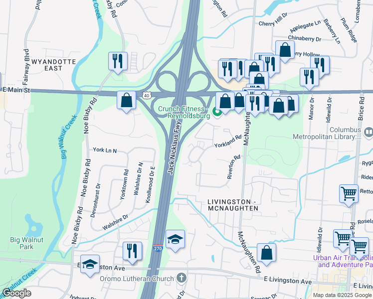 map of restaurants, bars, coffee shops, grocery stores, and more near 1387 Orchard Park Drive in Columbus
