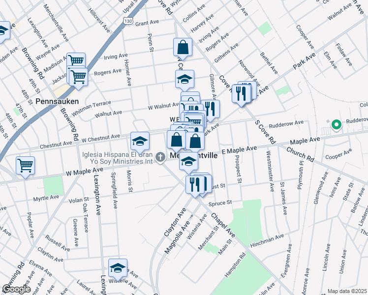 map of restaurants, bars, coffee shops, grocery stores, and more near 13 West Park Avenue in Merchantville