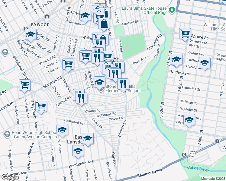 map of restaurants, bars, coffee shops, grocery stores, and more near 538 Wiltshire Road in Delaware County