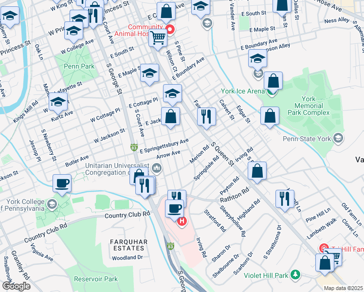 map of restaurants, bars, coffee shops, grocery stores, and more near 144 East Springettsbury Avenue in York