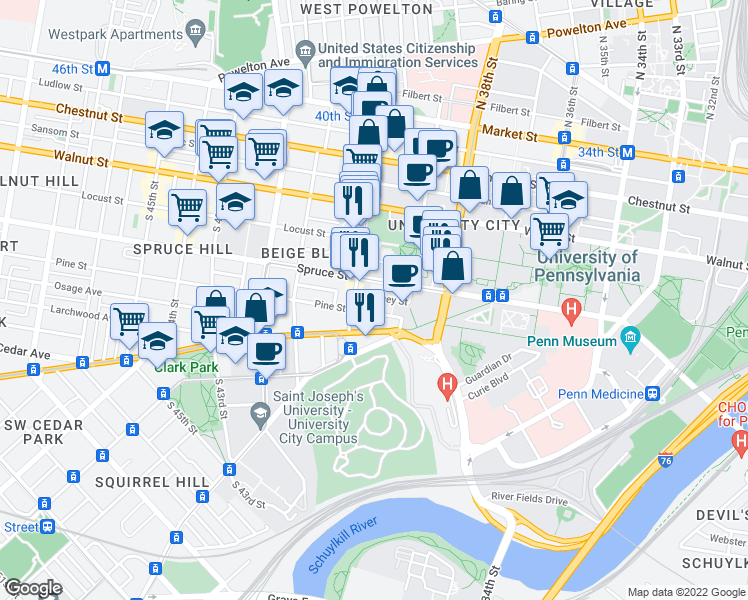 map of restaurants, bars, coffee shops, grocery stores, and more near 3936 Delancey Street in Philadelphia