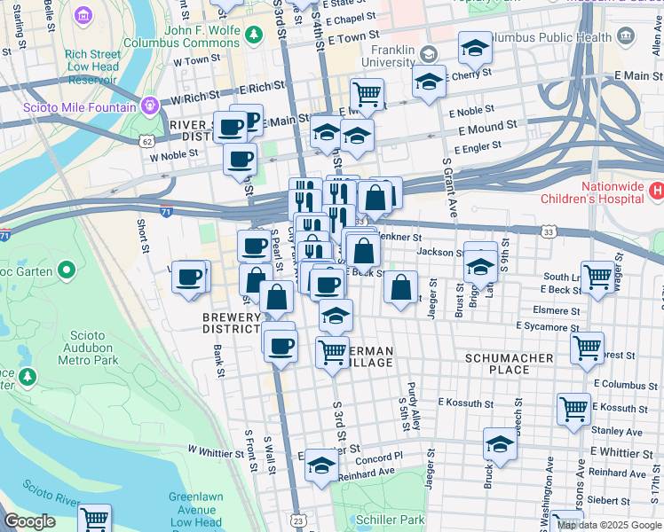 map of restaurants, bars, coffee shops, grocery stores, and more near 122 East Beck Street in Columbus