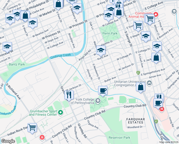 map of restaurants, bars, coffee shops, grocery stores, and more near 340 West Cottage Place in York