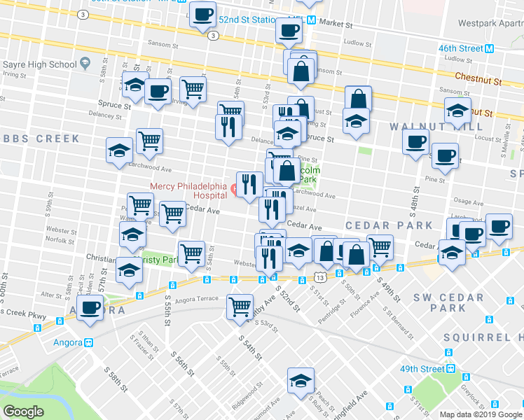 map of restaurants, bars, coffee shops, grocery stores, and more near 5232 Rodman Street in Philadelphia