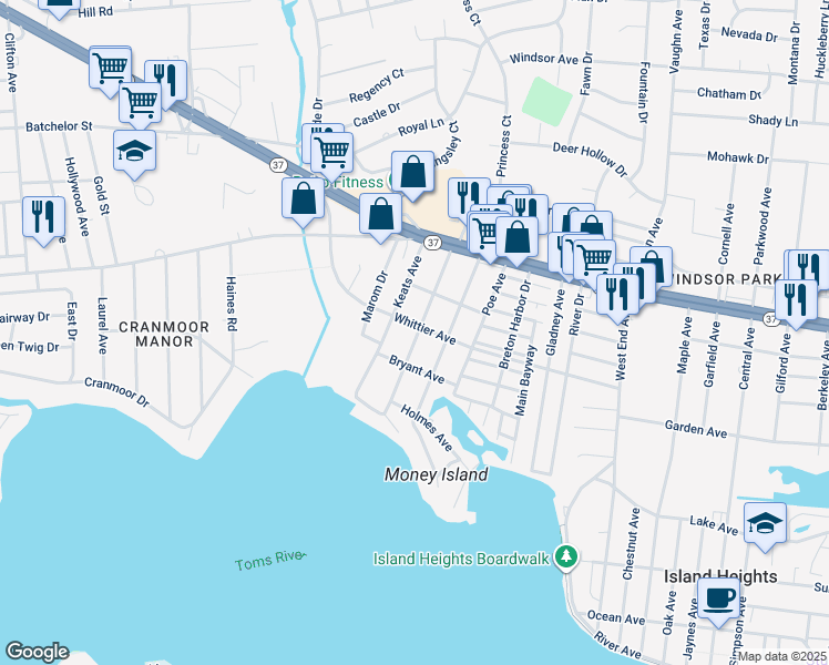 map of restaurants, bars, coffee shops, grocery stores, and more near 1216 Whittier Avenue in Toms River