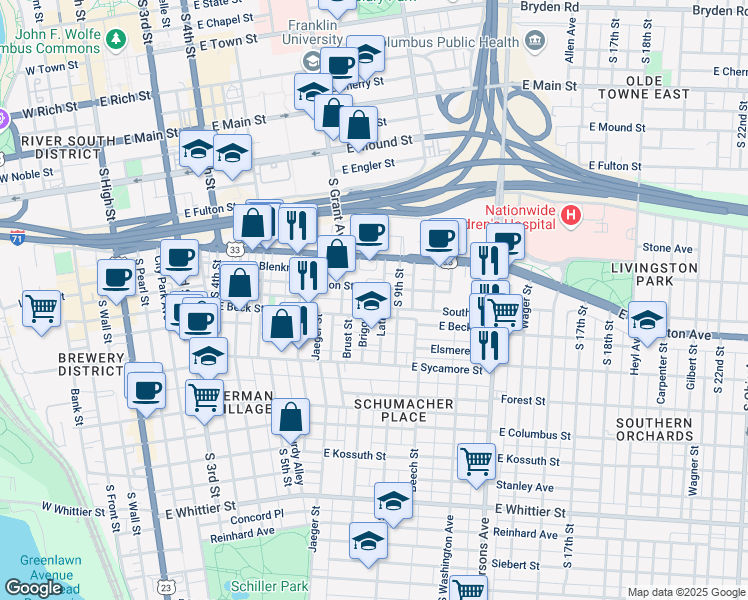 map of restaurants, bars, coffee shops, grocery stores, and more near 603 Lathrop St in Columbus