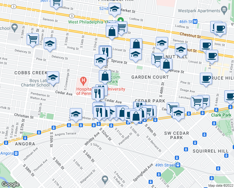 map of restaurants, bars, coffee shops, grocery stores, and more near S 51st St & Hazel Ave in Philadelphia