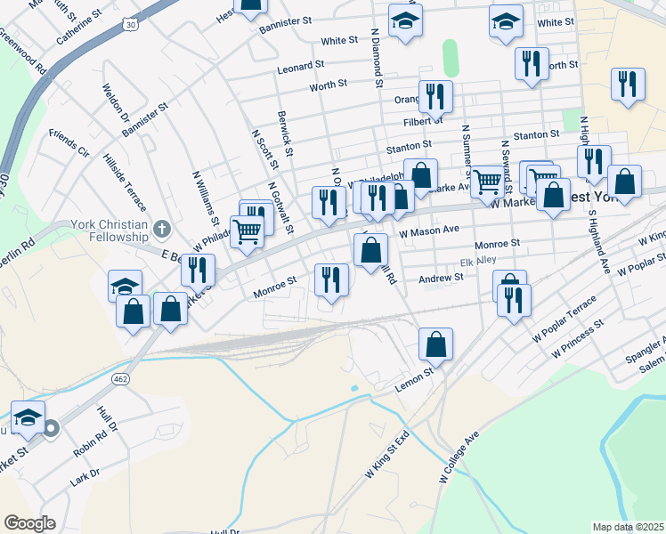 map of restaurants, bars, coffee shops, grocery stores, and more near 2150 Monroe Street in York