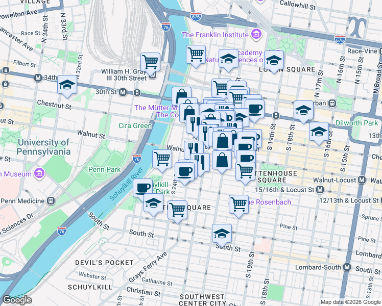map of restaurants, bars, coffee shops, grocery stores, and more near in Philadelphia