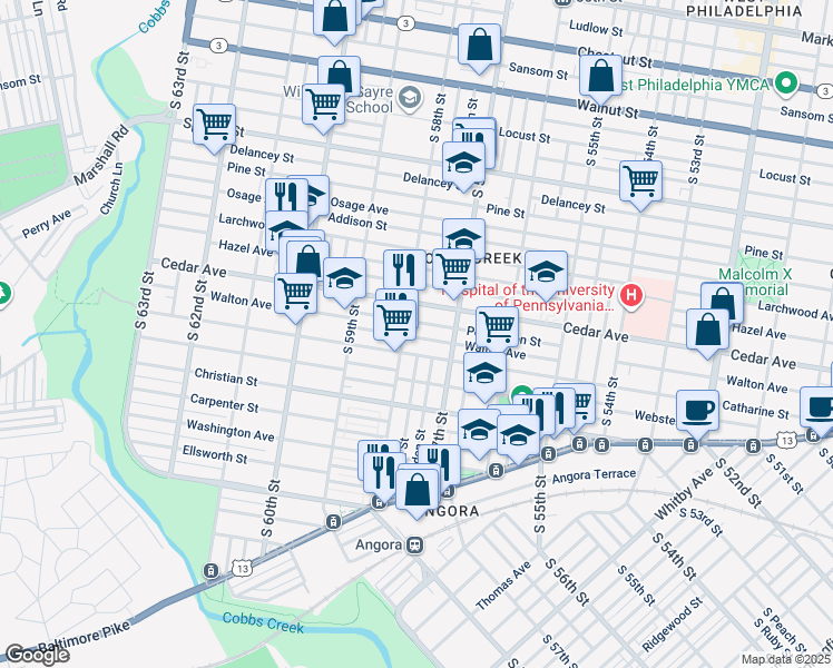 map of restaurants, bars, coffee shops, grocery stores, and more near 5749 Walton Ave in Philadelphia