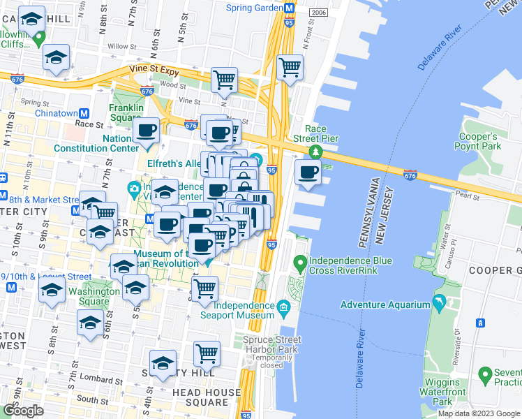 map of restaurants, bars, coffee shops, grocery stores, and more near 38 North Front Street in Philadelphia