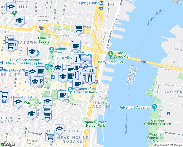 map of restaurants, bars, coffee shops, grocery stores, and more near 38 North Front Street in Philadelphia