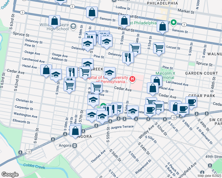map of restaurants, bars, coffee shops, grocery stores, and more near 5535 Pemberton Street in Philadelphia