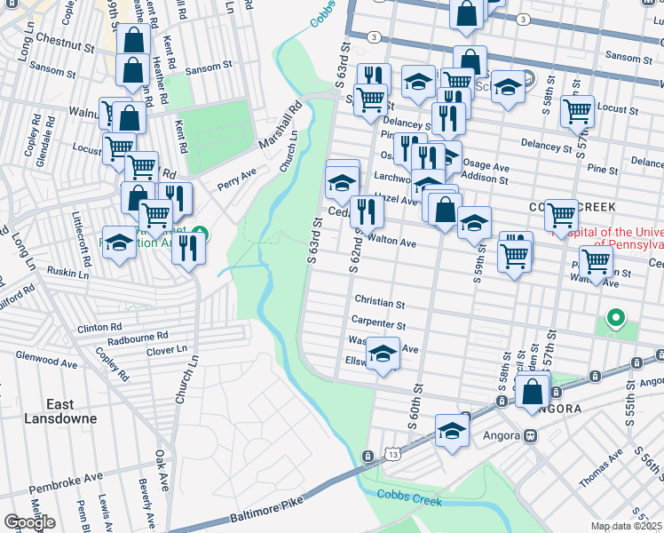 map of restaurants, bars, coffee shops, grocery stores, and more near 6233 Webster Street in Philadelphia