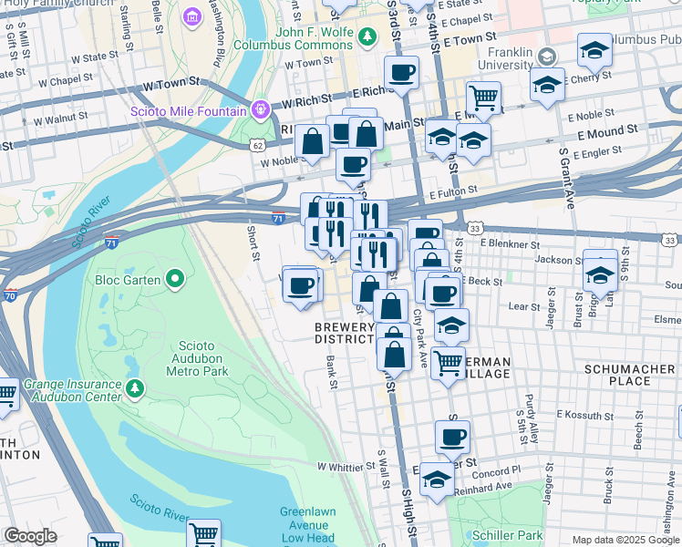 map of restaurants, bars, coffee shops, grocery stores, and more near 533 South Wall Street in Columbus