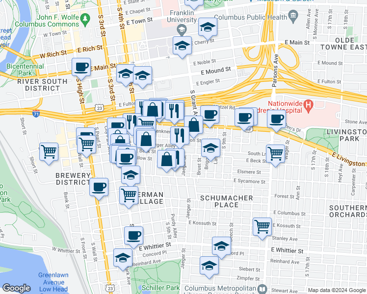 map of restaurants, bars, coffee shops, grocery stores, and more near 299 Berger Alley in Columbus