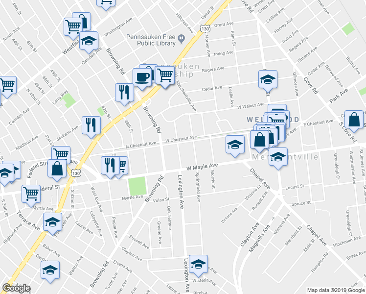 map of restaurants, bars, coffee shops, grocery stores, and more near 5 Lexington Avenue in Merchantville