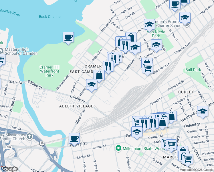 map of restaurants, bars, coffee shops, grocery stores, and more near 916 North 19th Street in Camden