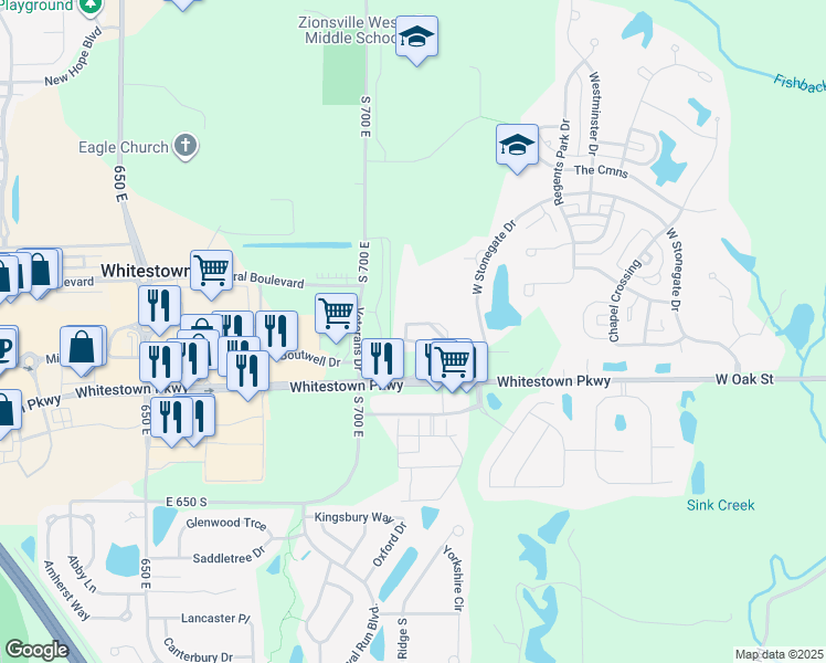 map of restaurants, bars, coffee shops, grocery stores, and more near 7109 Westhaven Circle in Zionsville
