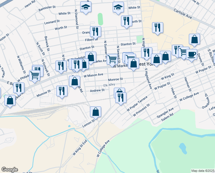 map of restaurants, bars, coffee shops, grocery stores, and more near 112 South Sumner Street in West York