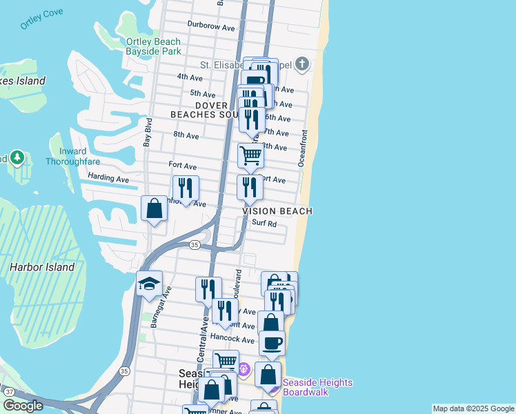 map of restaurants, bars, coffee shops, grocery stores, and more near 32 North Beach Drive in Seaside Heights